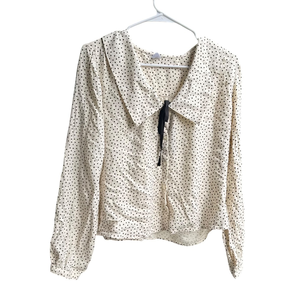 Old Navy Blouse Womens Medium Cream Polka Dot Excellent Peter Pan Collar Ribbon - Picture 2 of 4